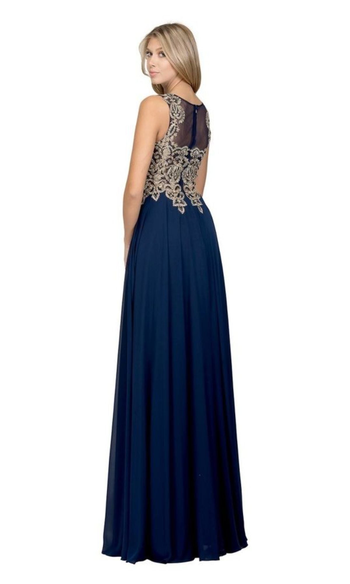A woman stands facing away in the Gold-Lace Bodice Long Prom Dress: Chicas C9156—a floor-length navy A-line gown with sheer black and gold embroidered lace detailing on the upper back.